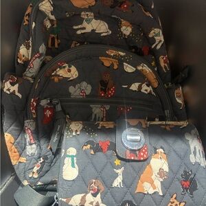 Gray Quilted Backpack with Dog Print and matching wallet bundle.